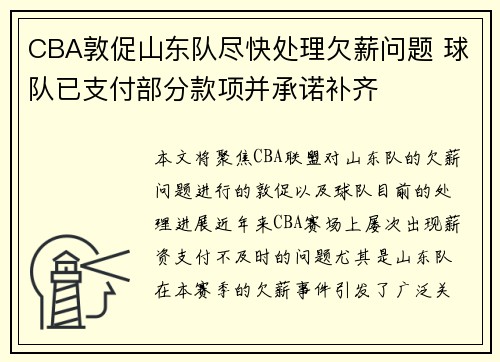 CBA敦促山东队尽快处理欠薪问题 球队已支付部分款项并承诺补齐